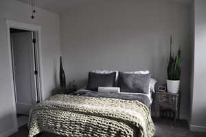 Bedroom with dark colored carpet