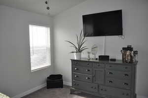 Carpeted bedroom with vaulted ceiling