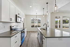 Kitchen featuring stainless steel appliances, white cabinetry, decorative light fixtures, and sink