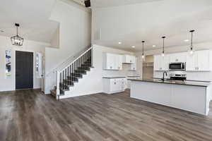 Kitchen with a center island with sink, sink, white cabinetry, hanging light fixtures, and stainless steel appliances