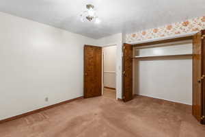 Unfurnished bedroom featuring carpet, a closet, and a textured ceiling