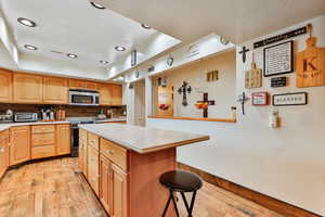 Kitchen featuring light hardwood / wood-style floors, a raised ceiling, a center island, a kitchen breakfast bar, and stainless steel appliances