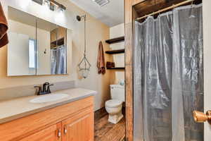 Primary bathroom with a textured ceiling, wood-type flooring, vanity, shower