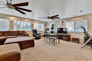 Carpeted sun/bonus room featuring ceiling fan, a textured ceiling, and a lot of natural light