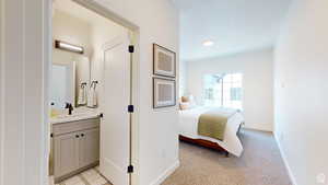 Carpeted bedroom featuring sink