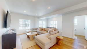 Living room with light wood-type flooring and a wealth of natural light