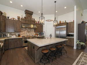 Kitchen with backsplash, a center island with sink, sink, premium appliances, and dark hardwood / wood-style flooring