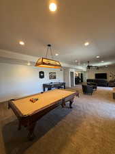 Game room with carpet floors, recessed lighting, a ceiling fan, and pool table