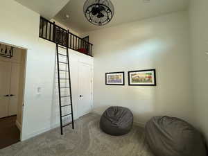 Living area featuring carpet, a towering ceiling, and baseboards