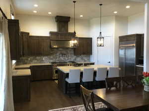 Kitchen with decorative backsplash, an island with sink, high quality appliances, light countertops, and a sink