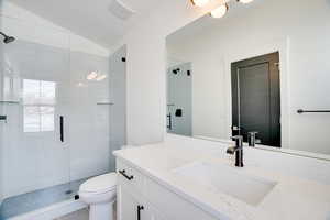 Bathroom with walk in shower, vanity, toilet, and lofted ceiling