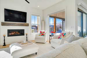 Living room with light hardwood / wood-style flooring