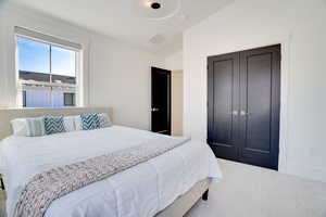 Bedroom featuring lofted ceiling and a closet