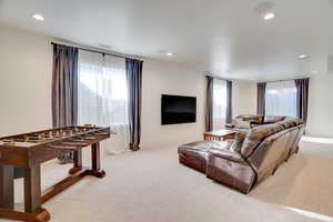 Living room with light colored carpet and a wealth of natural light