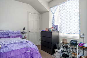 Carpeted bedroom with lofted ceiling and multiple windows