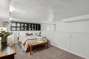 Bedroom with carpet and decorative ledge