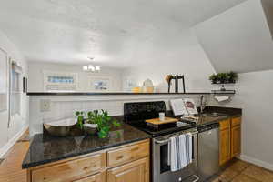 Kitchen with granite counters, sink, electric range, and stainless steel dishwasher