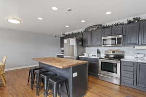 Kitchen featuring stainless steel appliances, light wood-type flooring, with a butcher block countertop center island