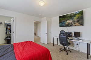 Bedroom featuring a spacious closet, a closet, and light colored carpet