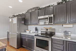 Kitchen featuring black cabinetry, appliances with stainless steel finishes, and light hardwood style flooring