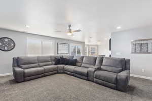 Main family room with ceiling fan