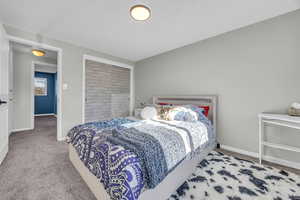 Carpeted bedroom featuring a textured ceiling