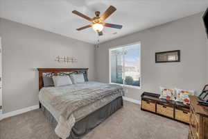 Carpeted bedroom with ceiling fan