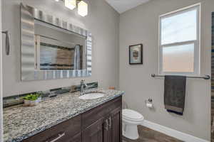 Bathroom with toilet, hardwood / wood-style flooring, a shower with shower curtain, tasteful backsplash, and vanity