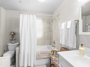 Full bathroom featuring toilet, vanity, and shower / tub combo