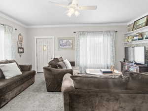 Living room featuring light carpet, ceiling fan, and ornamental molding