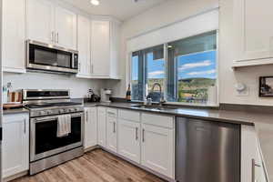 Kitchen featuring light hardwood / wood-style flooring, sink, stainless steel appliances, and white cabinetry