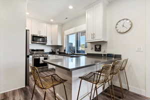 Kitchen featuring white cabinetry, kitchen peninsula, a breakfast bar area, stainless steel appliances, and dark hardwood / wood-style flooring