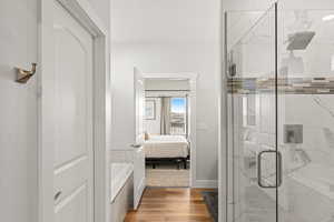 Bathroom with separate shower and tub and wood-type flooring