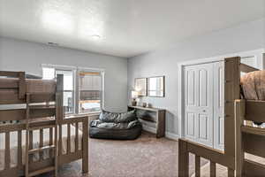 Carpeted bedroom featuring a closet and a textured ceiling