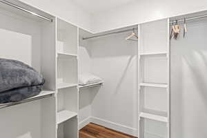 Walk in closet with hardwood / wood-style flooring