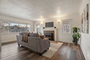 Living room featuring a textured ceiling, dark hardwood / wood-style flooring, crown molding, and a fireplace