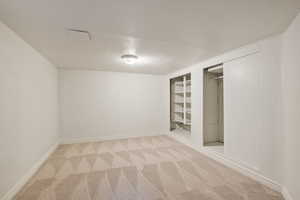 Interior space featuring built in shelves and light carpet