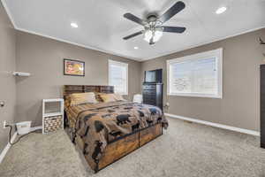 Bedroom with ceiling fan, carpet, and crown molding