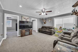 Living room featuring ceiling fan, carpet, and crown molding