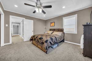 Carpeted bedroom featuring ceiling fan and ornamental molding