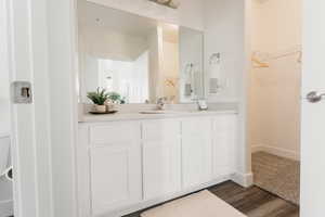 Bathroom with hardwood / wood-style floors and vanity