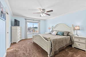 Bedroom featuring ceiling fan, crown molding, and carpet flooring