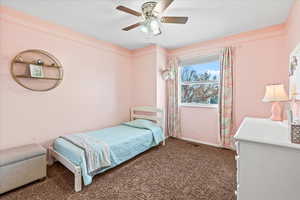 Carpeted bedroom with ceiling fan