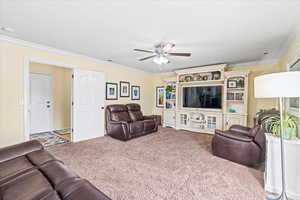 Living room featuring ceiling fan, carpet flooring, and crown molding