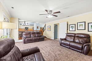 Carpeted living room with ceiling fan with notable chandelier and crown molding