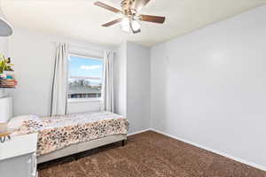 Bedroom featuring ceiling fan and carpet