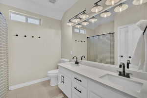 Bathroom with toilet, vanity, and a shower with shower curtain