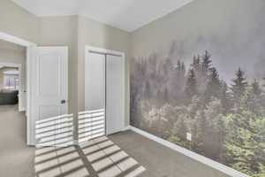 Carpeted bedroom featuring a closet