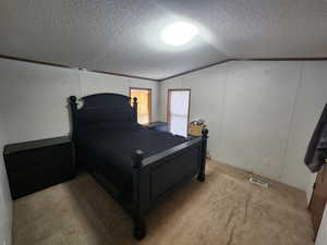 Bedroom featuring light carpet, vaulted ceiling, and a textured ceiling