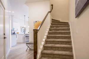 Stairway with hardwood / wood-style floors